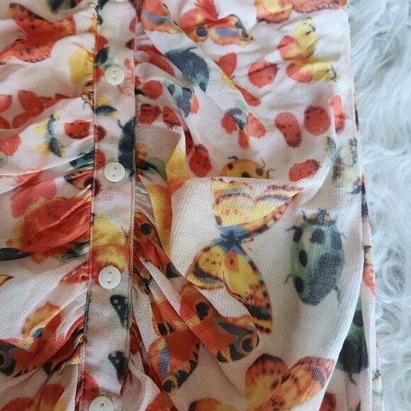 Urban Outfitters Y2K Riko Mesh Orange Butterfly Mini Dress Size M Ruched Button - Picture 10 of 14